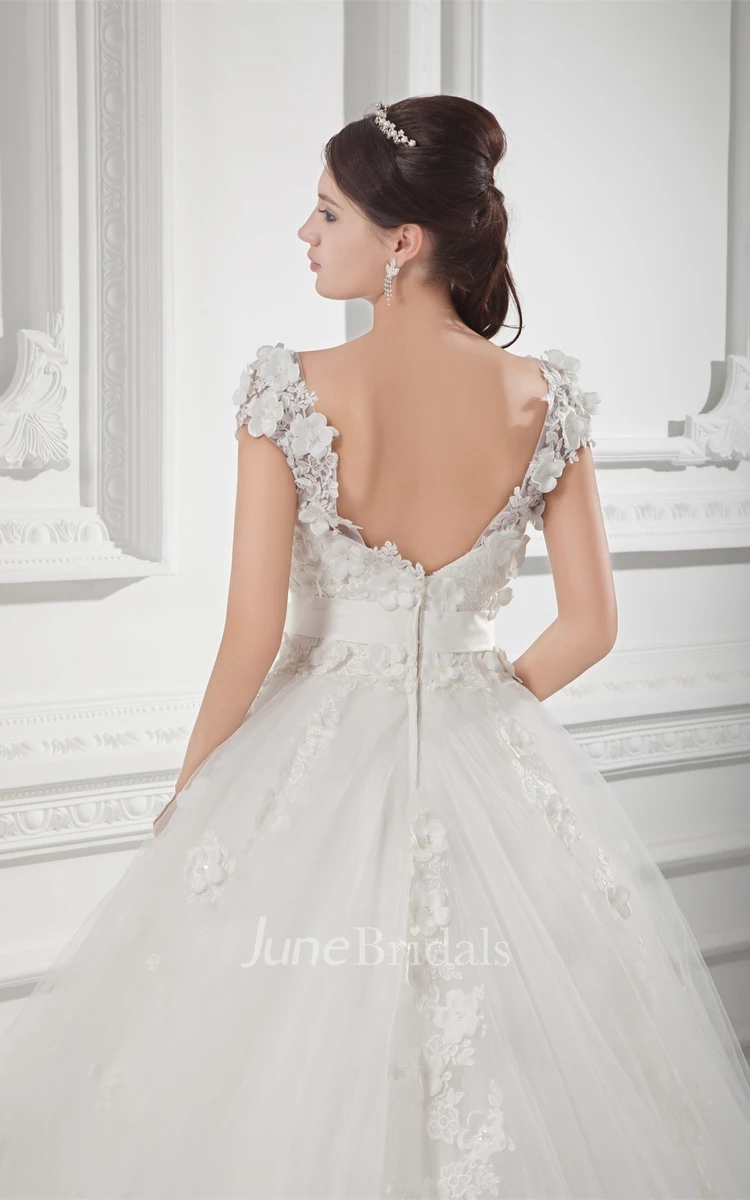 Fairy Caped-Sleeve Lace Ball Gown with Tulle Overlay