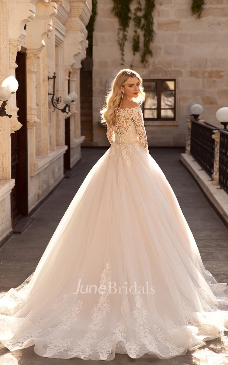 Off-the-shoulder Illusion Long Sleeve And Button Back Ballgown Lace Tulle Wedding Dress With Sash