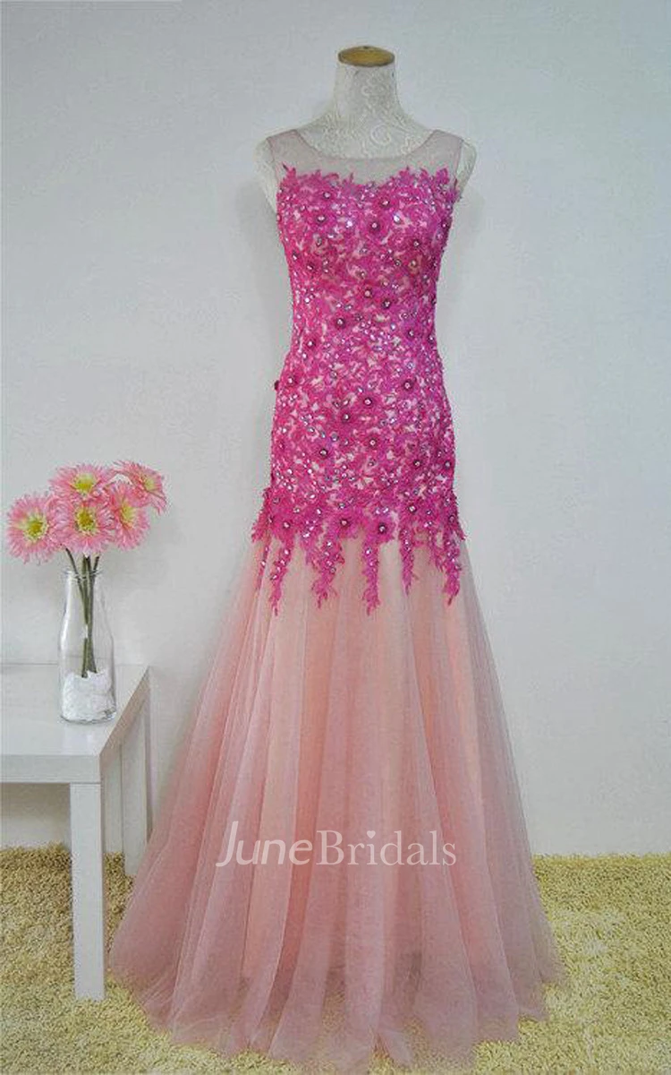 Sleeveless Mermaid Tull Dress With Appliques And Beading