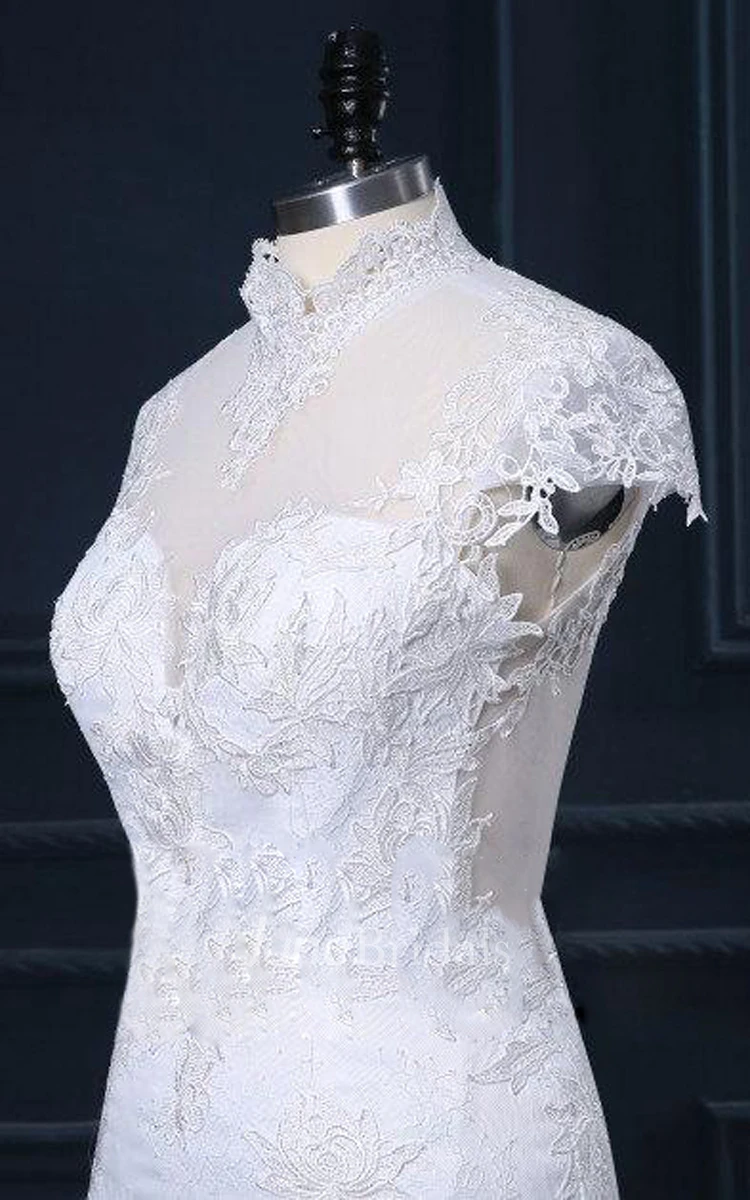 Trumpet High Neck Cap Sleeve Lace Organza Satin Dress With Appliques