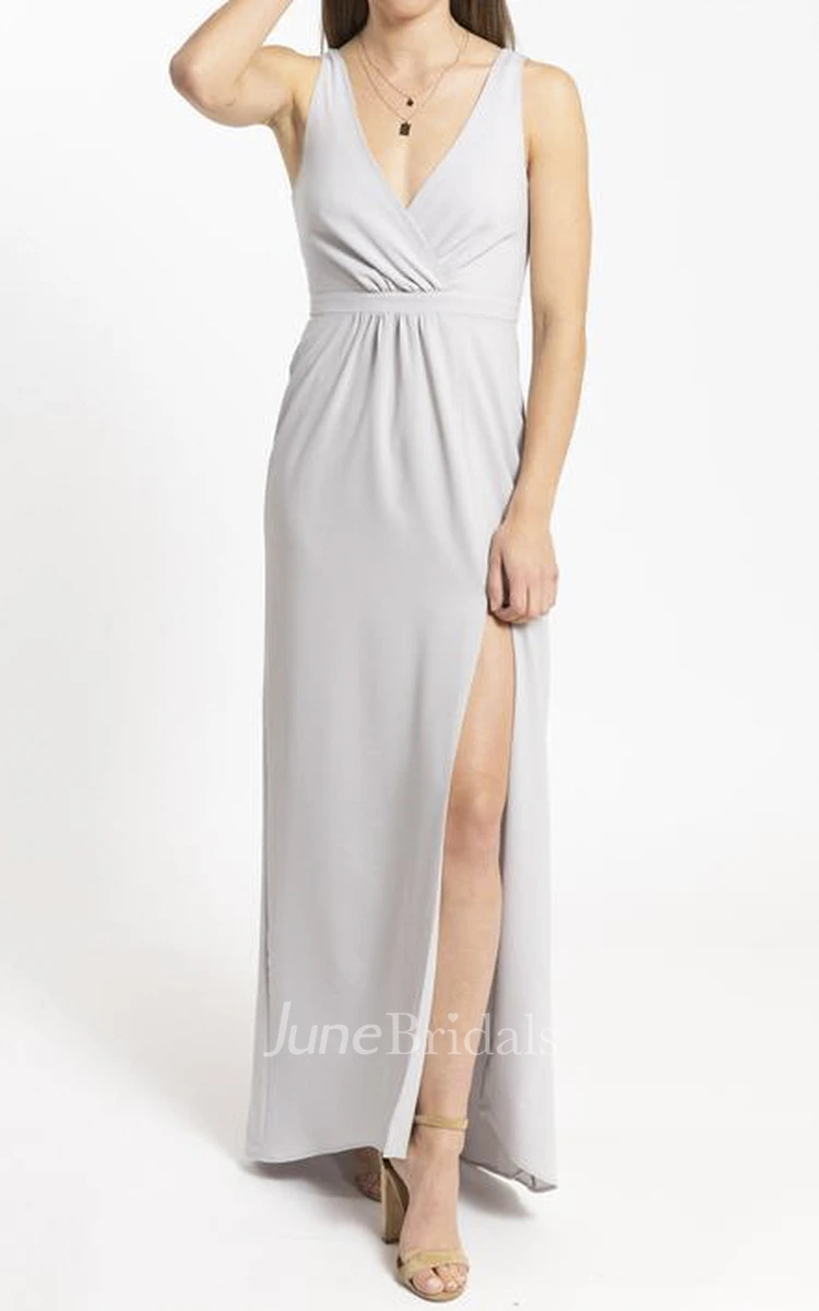 Sheath Chiffon Front Split And Ruched Details Bridesmaid Dress With Plunging Neckline