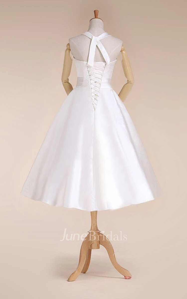 Halter Empire Tea-Length Satin Wedding Dress With Sash And Lace-Up Back