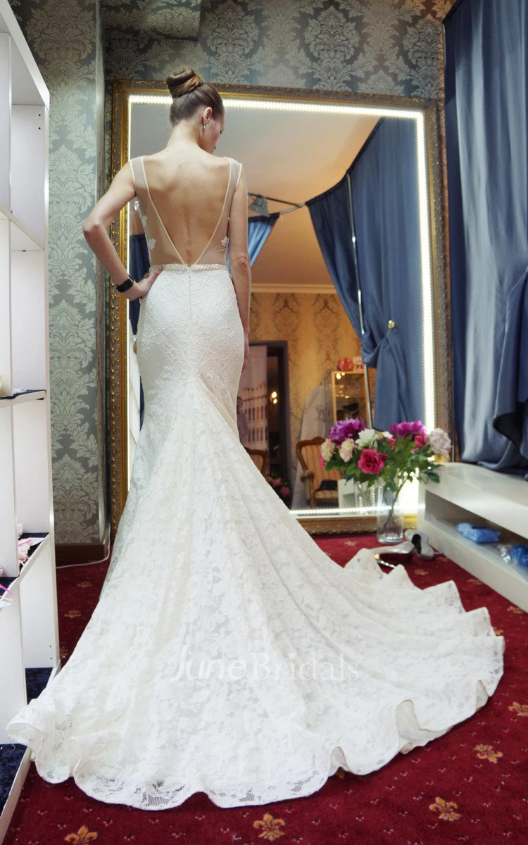 Jewel Neck Mermaid Lace Wedding Dress With Beading and Long Tail