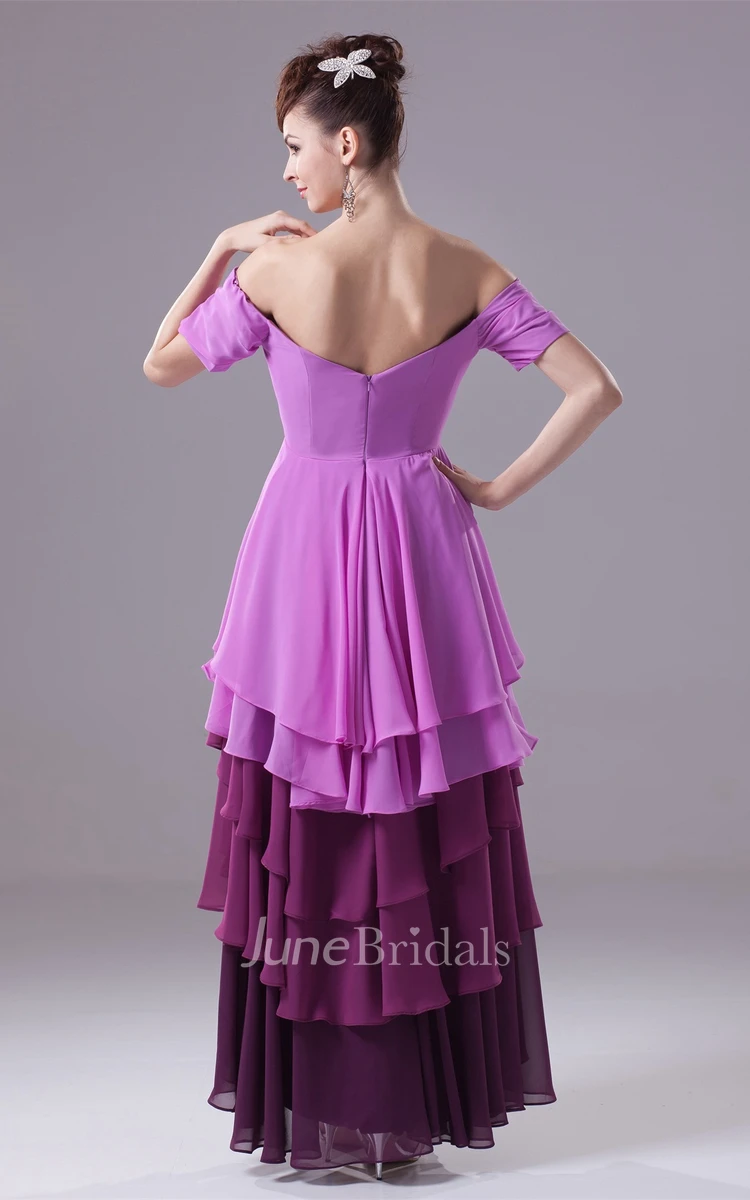 Asymmetrical Off The Shoulder Strapless Gown with Tiered Ruffle and Beadings