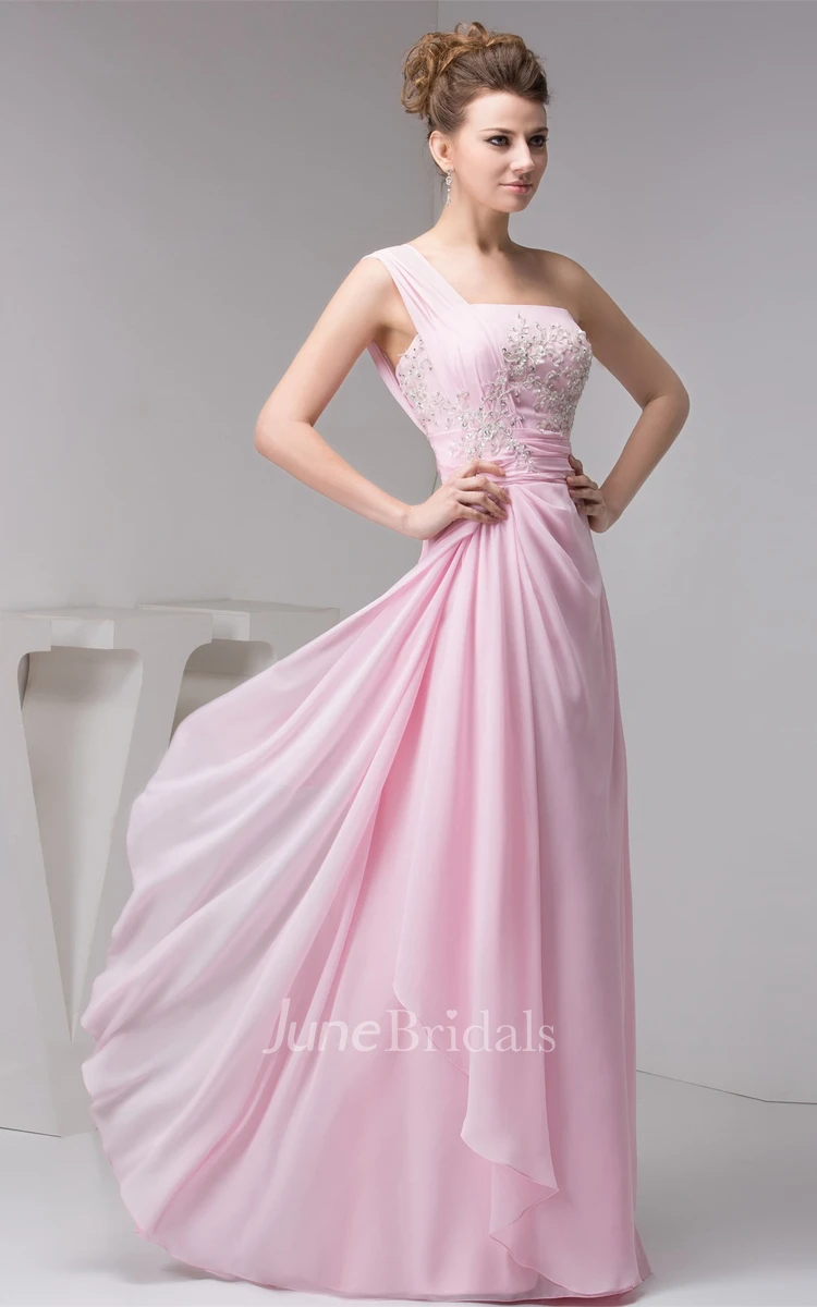 One-Shoulder Chiffon Draped Gown with Appliques and Beading