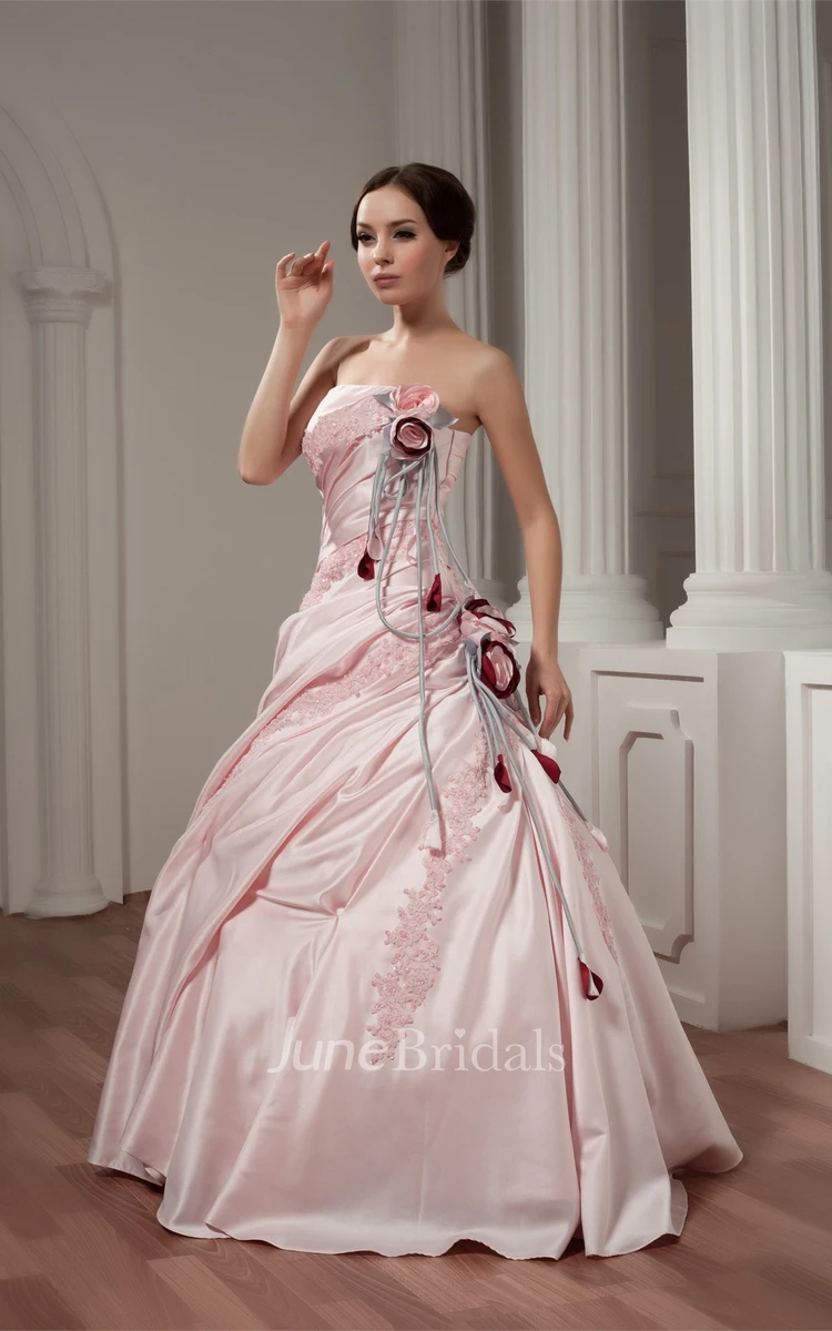 Strapless Appliqued Ball Gown with Flower and Side Ruching