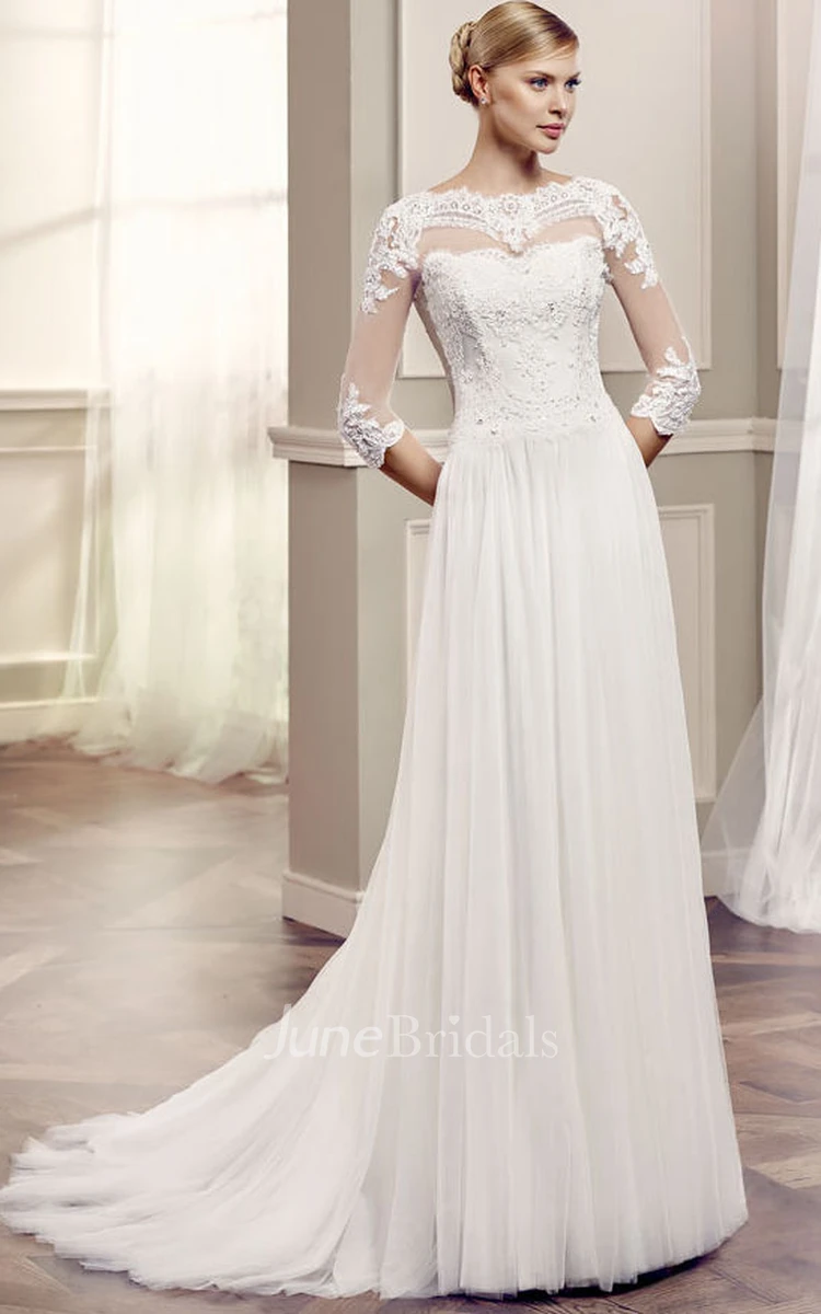 Bateau Floor-Length Beaded Half Sleeve Tulle Wedding Dress