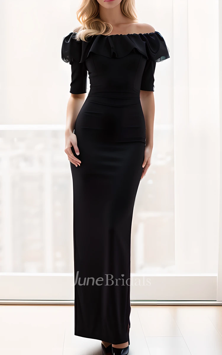 Elegant Ruffled Off-the-shoulder Formal MOB Satin Short Sleeve Dress