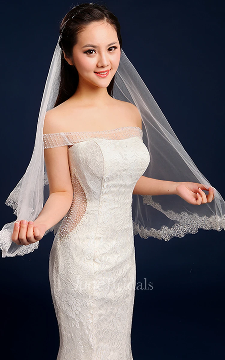 Long Tulle Wedding Veil with Lace Edge