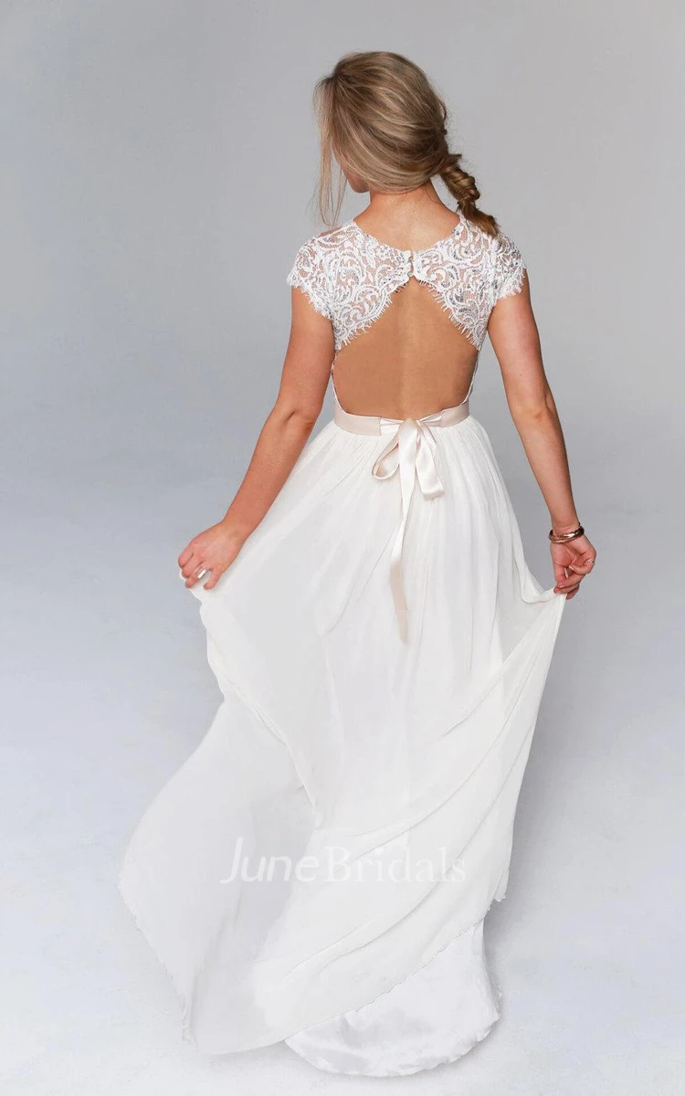 Illusion Jewel Neck Cap Sleeve High-Low Chiffon Wedding Dress With Lace Sequined Bodice