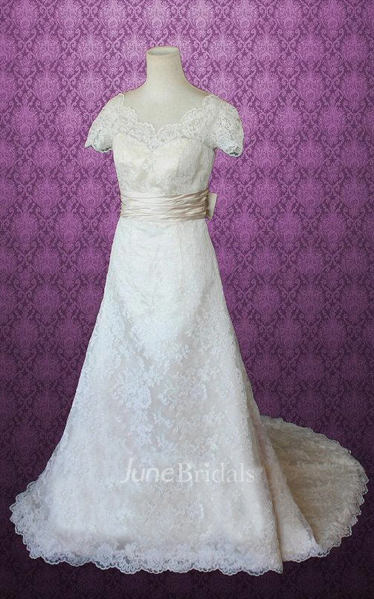 Scalloped Illusion Sleeve Long Lace Wedding Dress With Sash And Button Back
