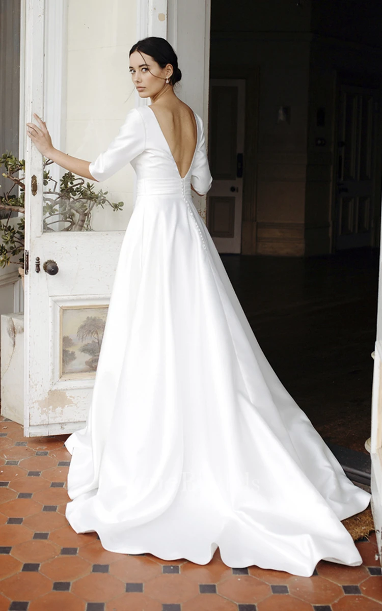 Satin Plunging V-neck Sexy Elegant Bridal Gown With 3/4 Sleeves And Court Train