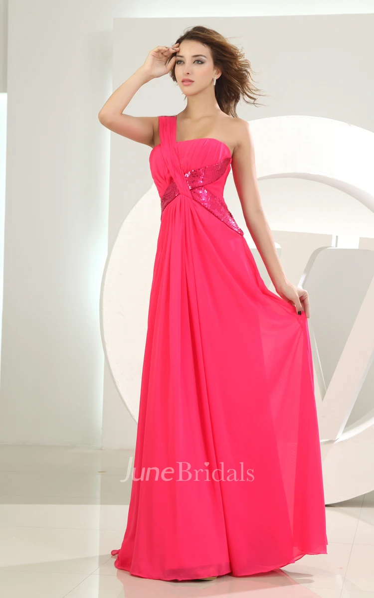 Sleeveless Chiffon Floor-Length Dress With Sequins and Single Strap