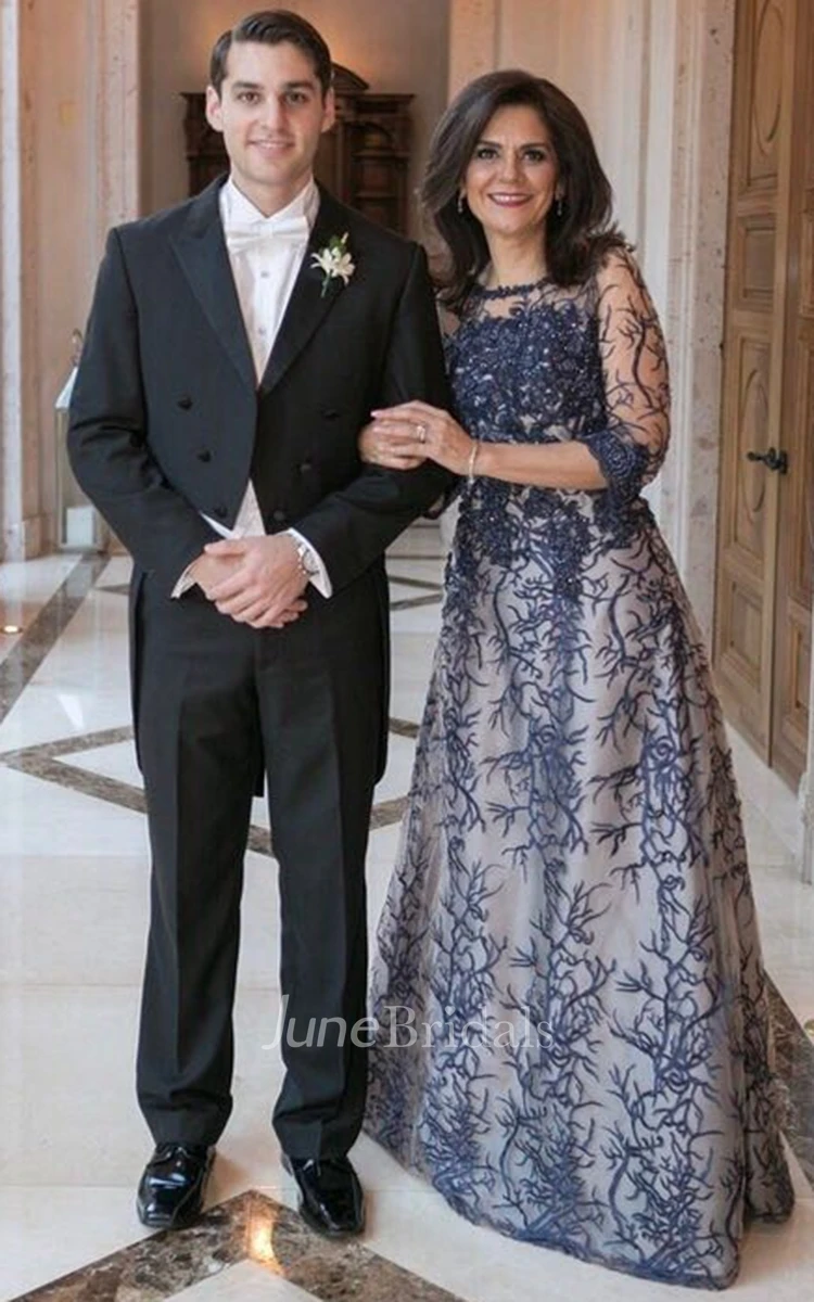 Formal Modest A-Line Boho Lace Dark Navy Blue MOB Wedding Outfit Elegant Maxi Mother of the Groom Dress Classy with Appliques