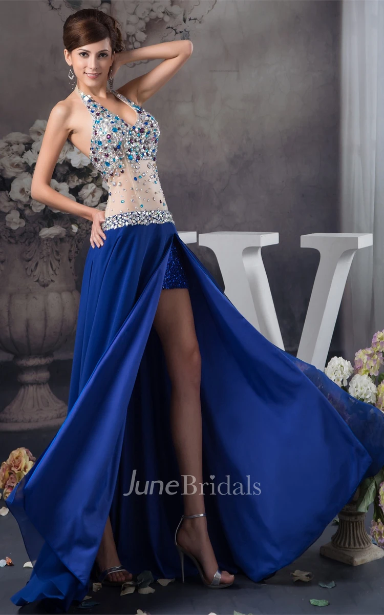 Plunged Front-Split Dress with Rhinestone and Illusion Waist