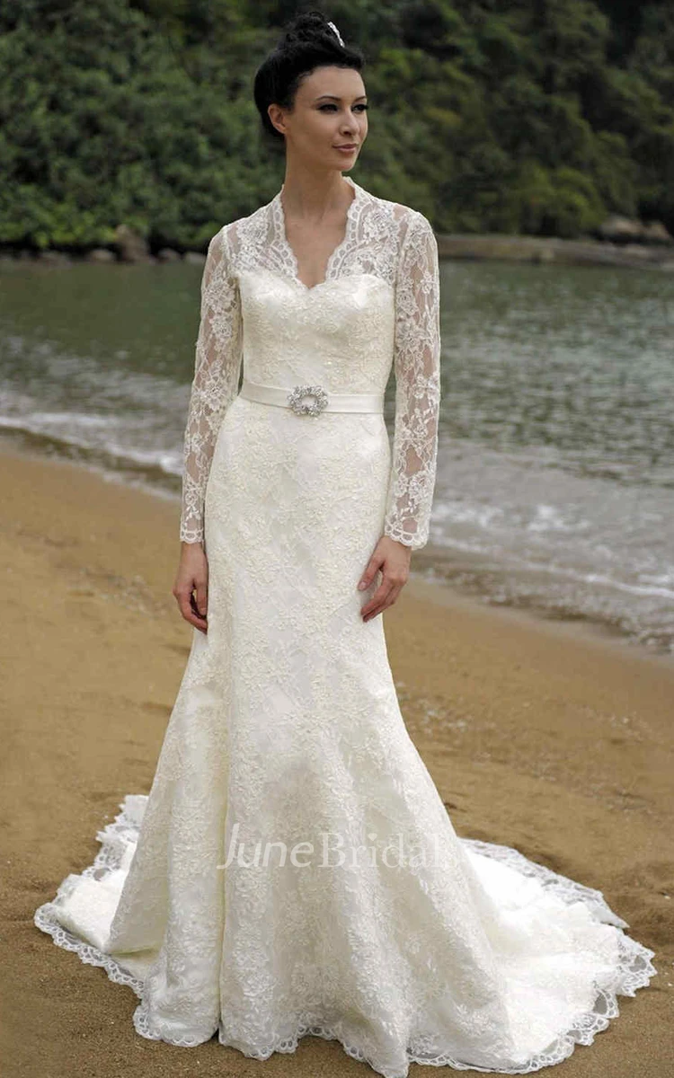 Feminine Lace Overlay Sheath Wedding Dress - June Bridals
