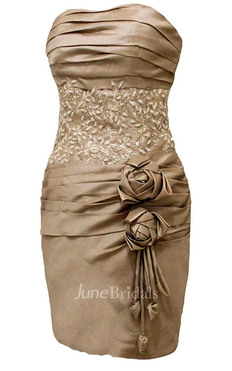 Strapless Sheath Ruched Dress With Sequins and Flower