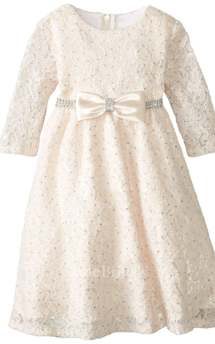 3 4 Sleeved A-line Lace Dress With Bow and Beadings