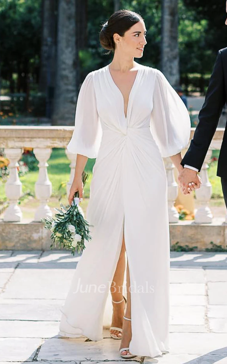 Casual Sheath Plunging Neckline Chiffon Wedding Dress With Open Back And Split Front