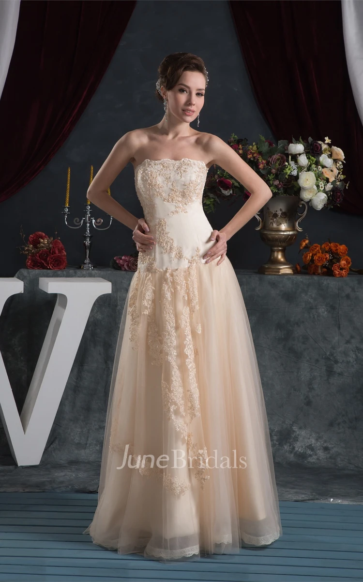 Strapless A-Line Floor-Length Dress with Appliques and Tulle Overlay
