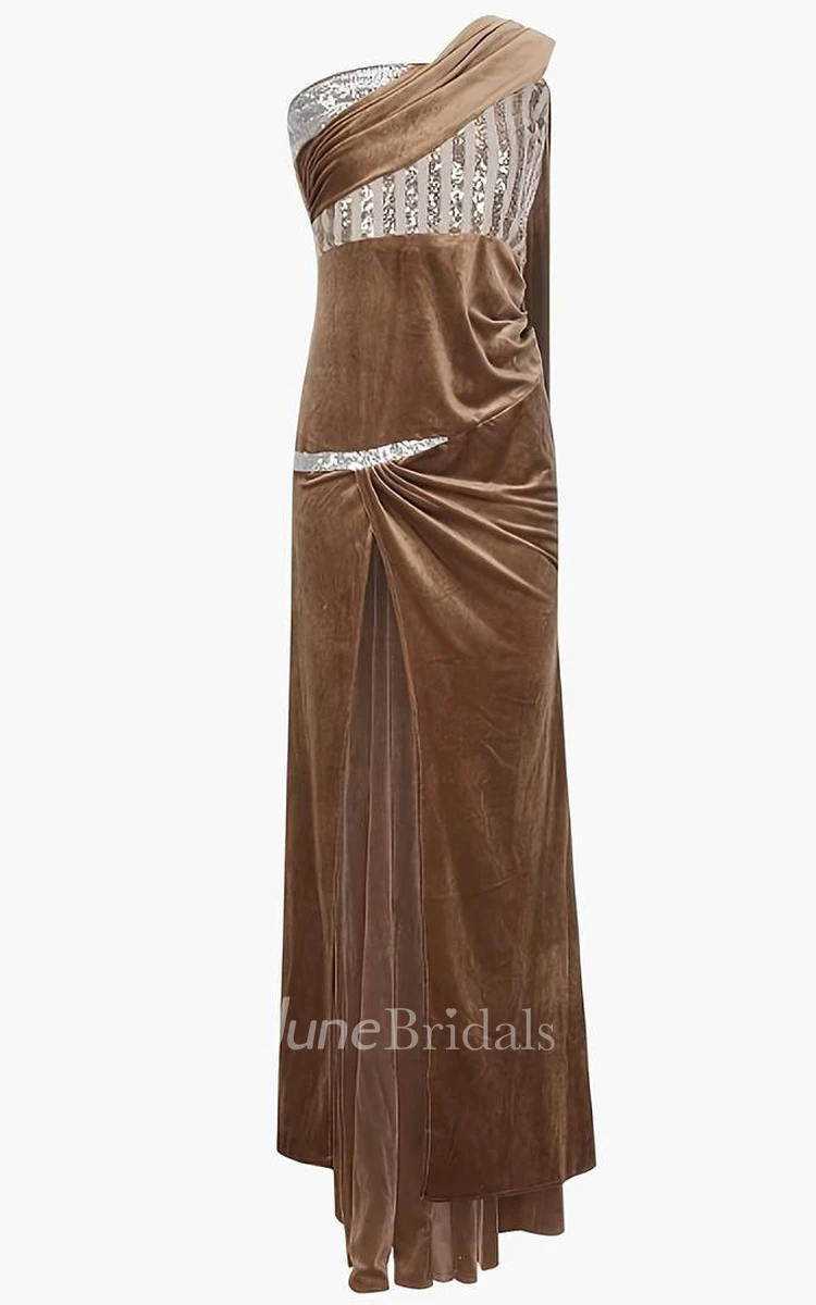 One-shoulder Sexy Mermaid Velvet Evening Dress 2024 Sleeveless with Split Front Floor-length Sweep Train Ethereal Modern