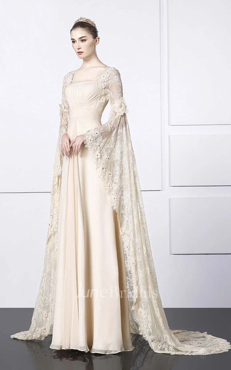 Square Sheath Lace Chiffon Unique Gown With Bat Sleeve And Train