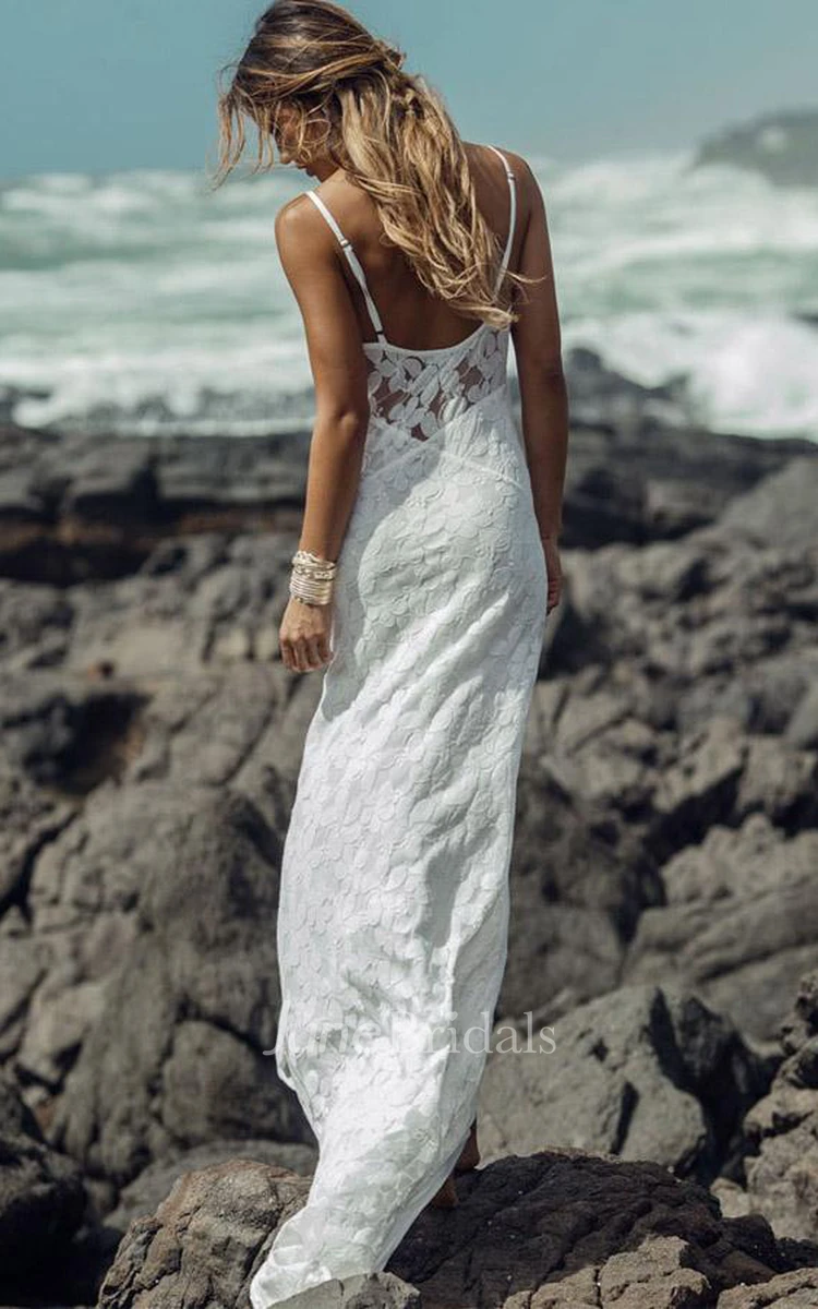 Long Sheath Spaghetti Straps Lace Beach Wedding Dresses