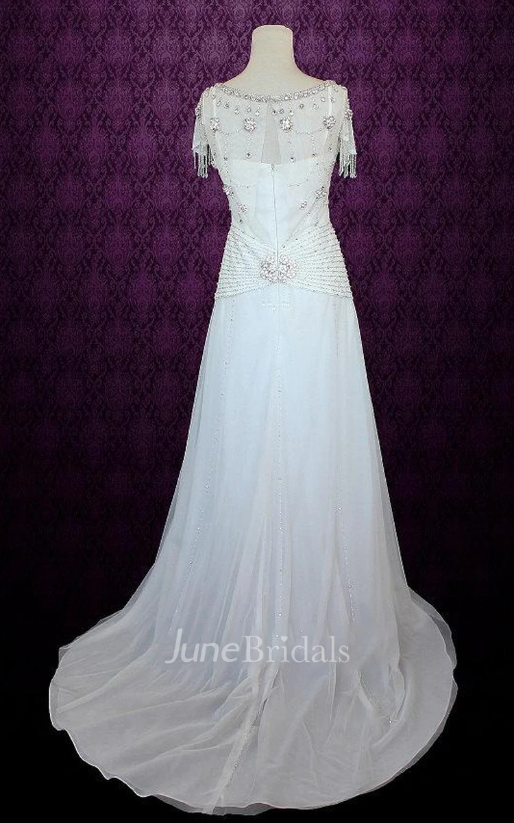 Jewel Dropped Waist Long Chiffon Wedding Dress With Crystal Detailing And Sash