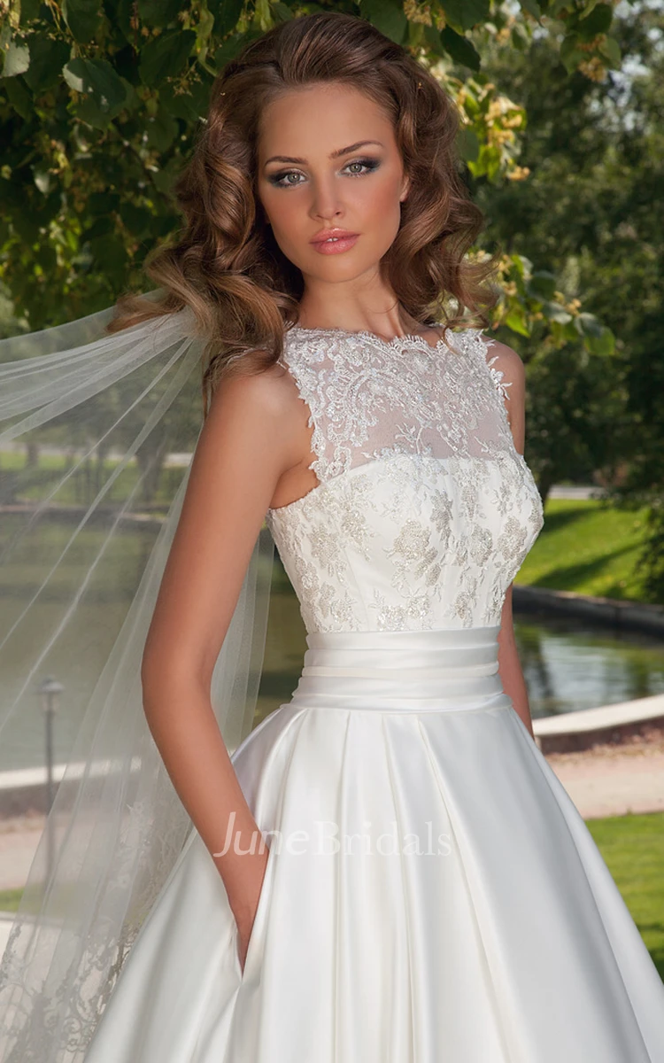Ball-Gown Lace Jewel Sleeveless Floor-Length Satin Wedding Dress With Lace-Up Back And Bow
