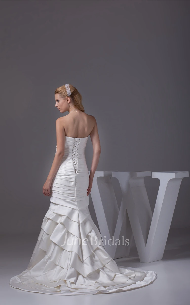 Strapless Mermaid Satin Dress with Ruching and Tiers