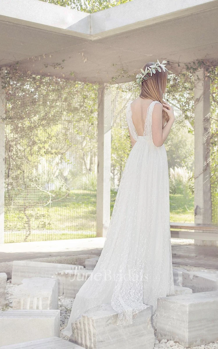 Bohemian Long Lace Wedding Dress With V-Neck