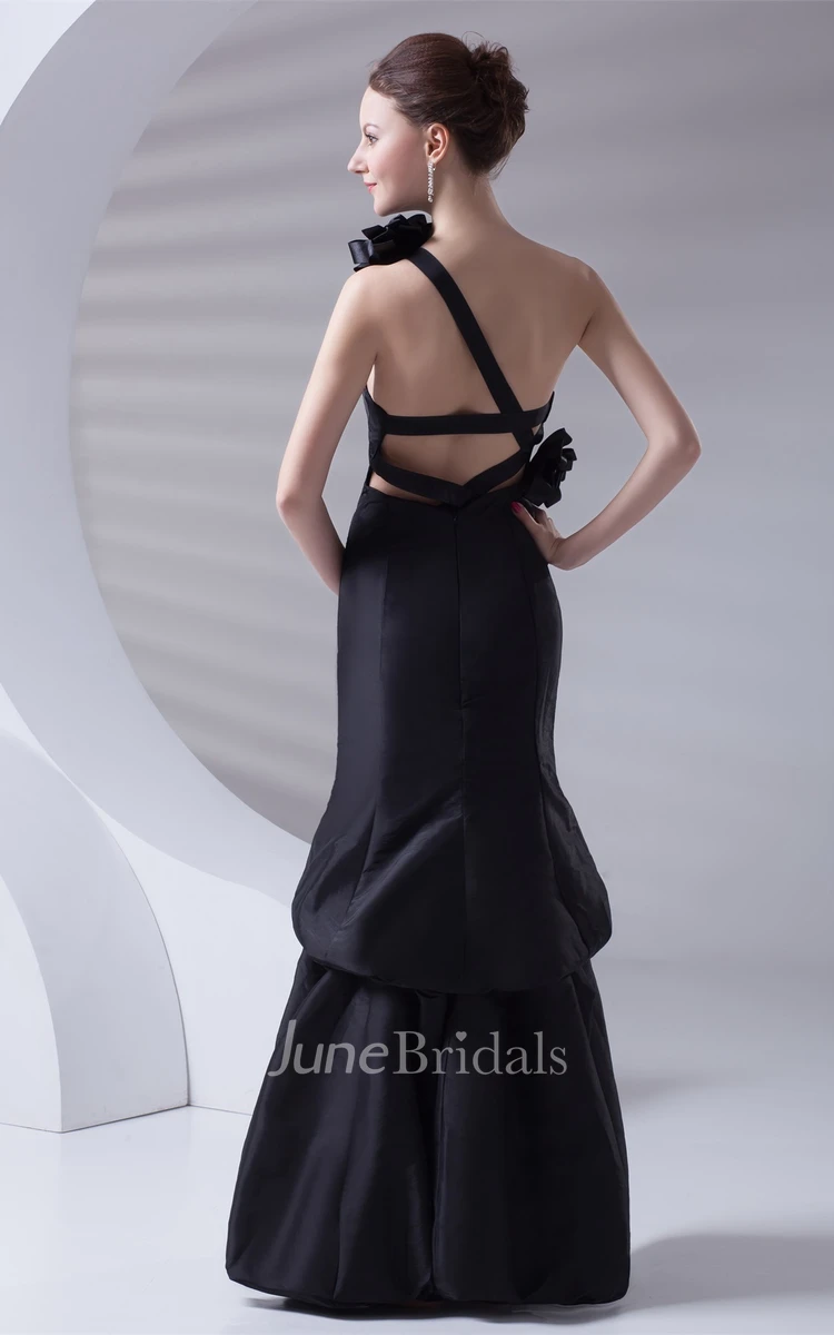 satin mermaid one-shoulder gown with flower and pick up
