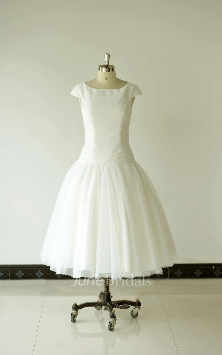Ball Gown Tea-Length Cap Sleeve Chiffon Tulle Lace Dress