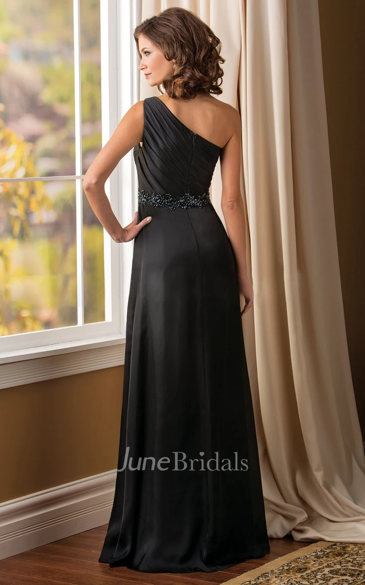 Modest Black One-Shoulder Long Mother of the Bride Dress Mature Formal Ruffled Beaded Maxi Mob Dress