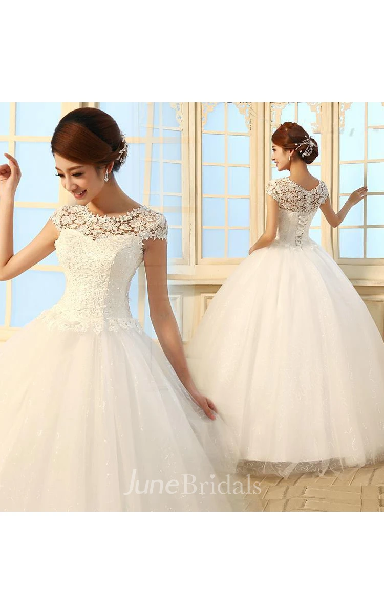Gorgeous Cap Sleeve Lace Ball Gown Tulle Wedding Dresses Lace-up