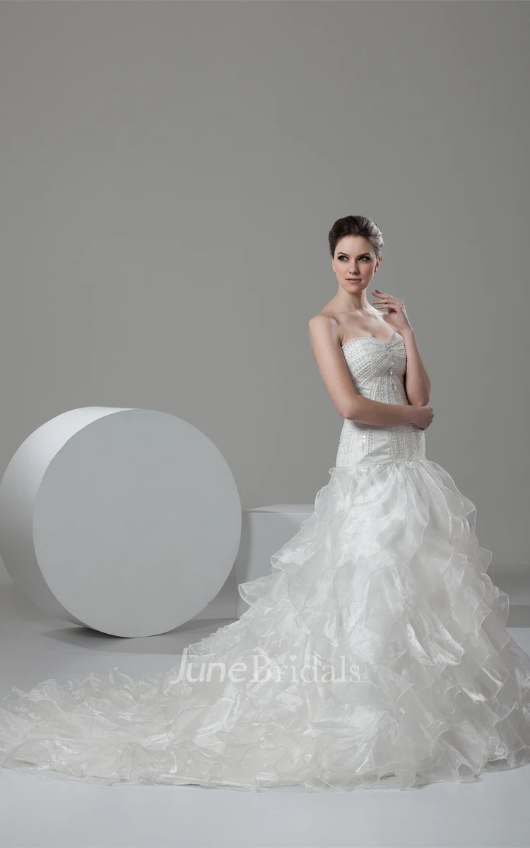 Strapless Beaded A-Line Gown with Ruffles and Chapel Train