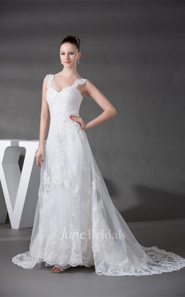 Strapped Lace A-Line Gown with Ruching and Crystal Detailing