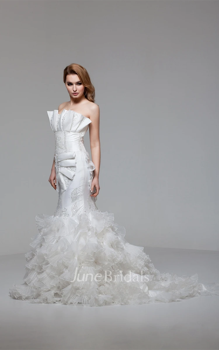 Strapless Mermaid Beaded Gown with Tiers and Ruffles