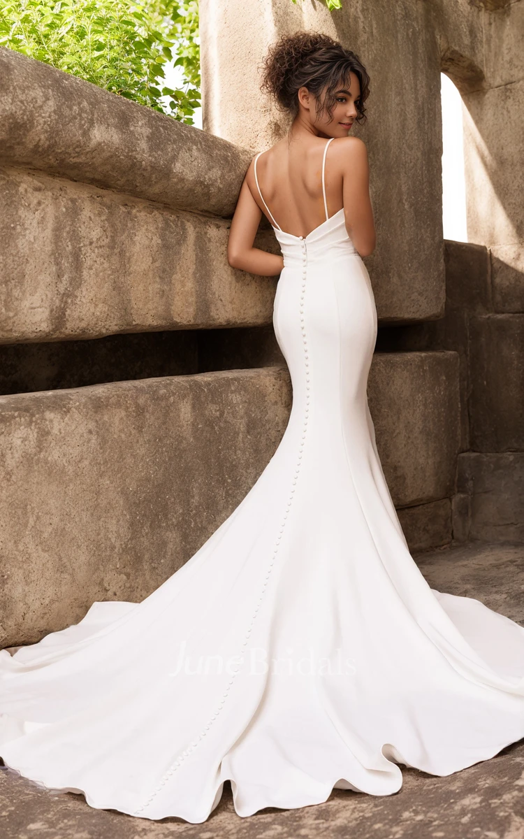 Simple Flowy Beach Mermaid Cowl Neckline Spaghetti Straps Wedding Dress Casual Elegant Modern Backless Sleeveless Court Train Bridal Gown