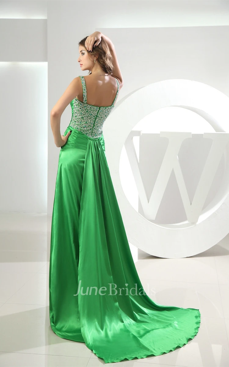 Spaghetti-Straps Front-Split Ruched Gown with Crystal Detailing and Brush Train