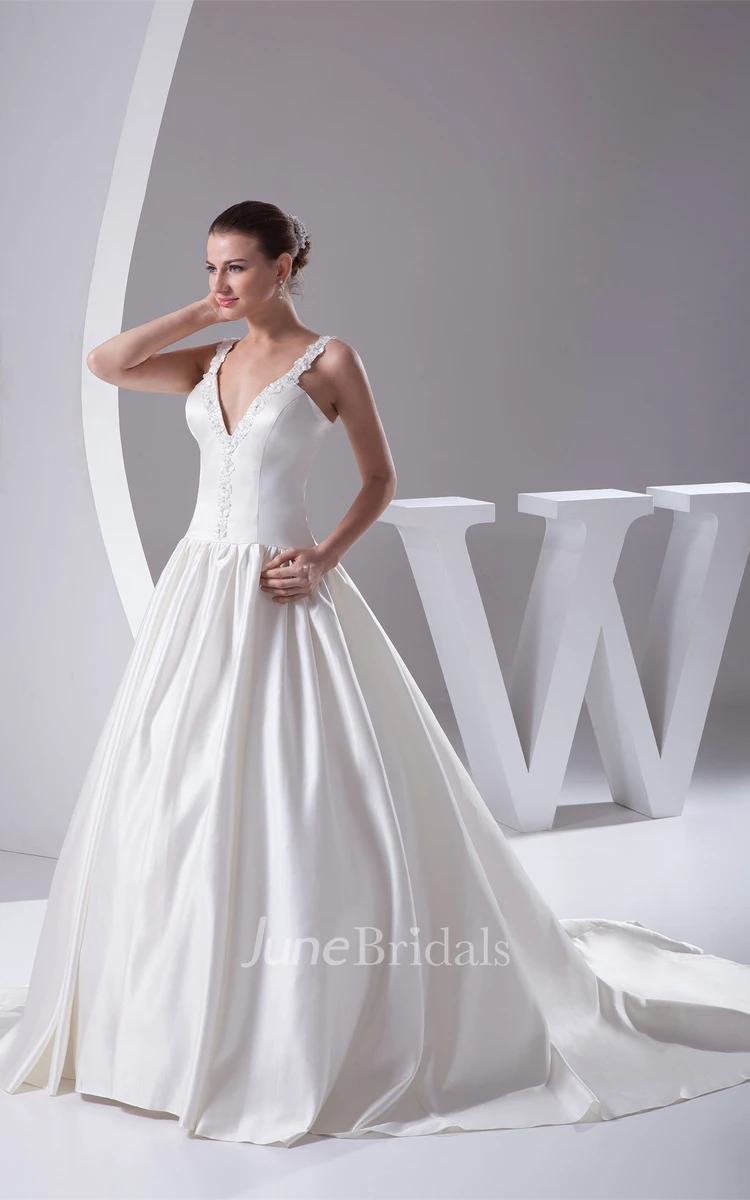 Plunged Pleated Ball Gown with Beading and Corset Back