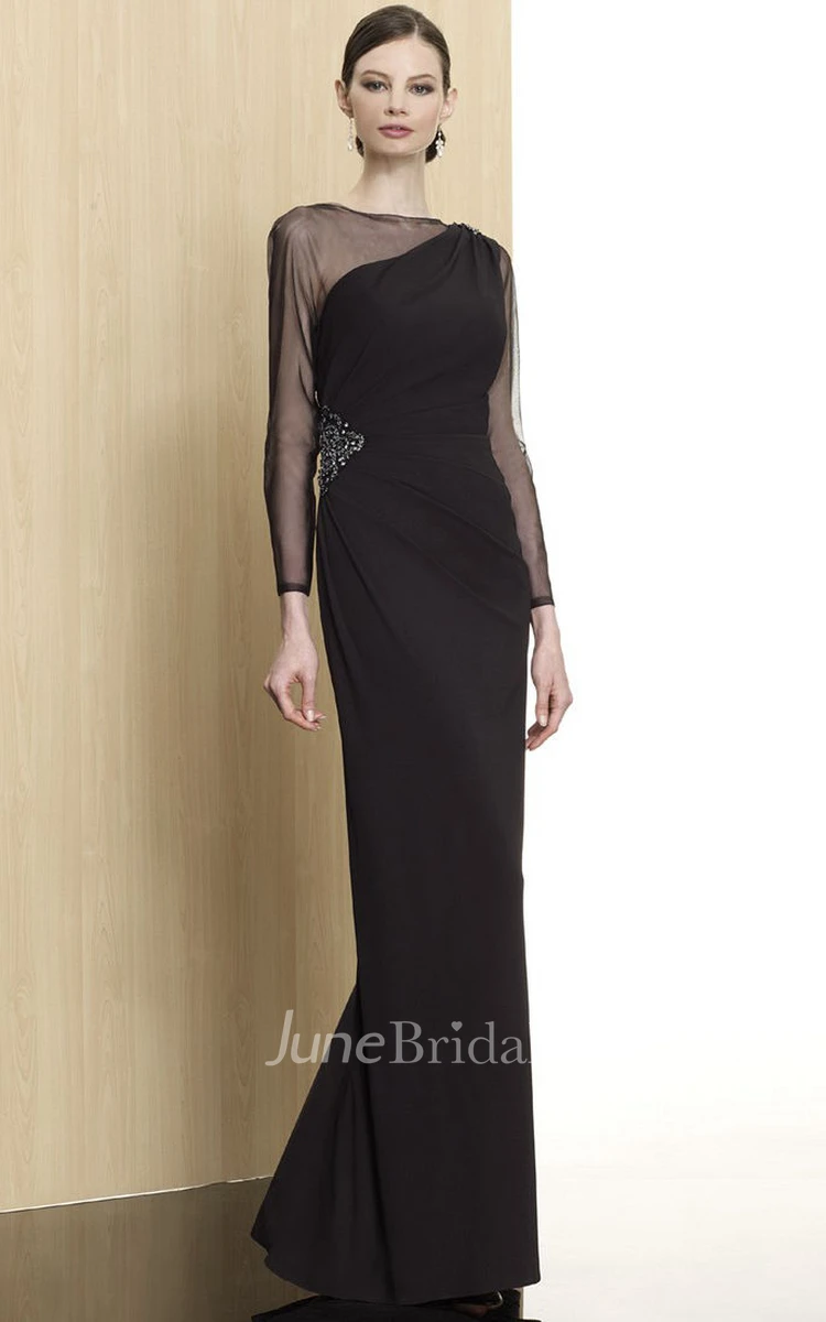 Sheath Jewel Neck Beaded Illusion Sleeve Chiffon Formal Dress