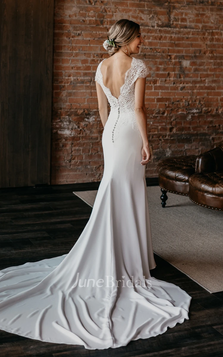 Romantic Sheath Lace Wedding Dress With Court Train And Cap Sleeves