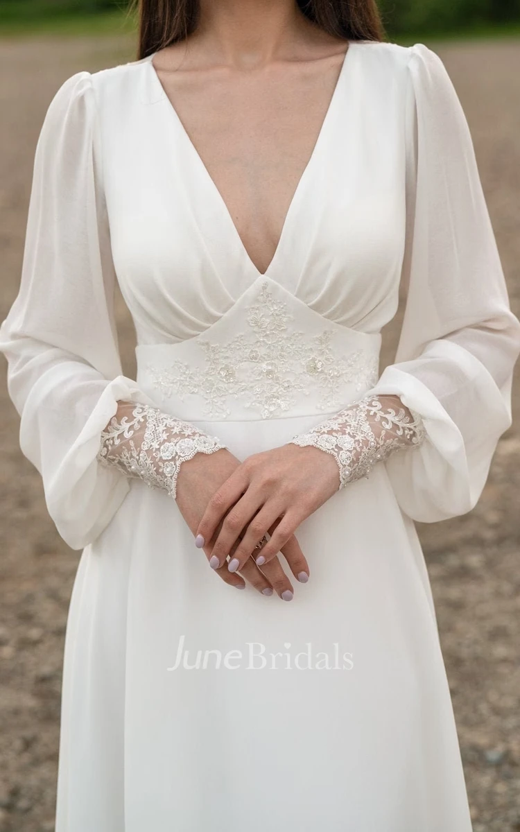 Elegant Modest Floor Long Sleeve Country Wedding Dress Simple Minimalist A-Line Chiffon Gown with Open Back and Train