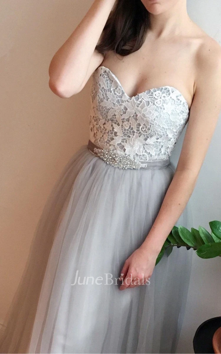 Gray Lace Strapless Wedding Vintage Boho Style Dress