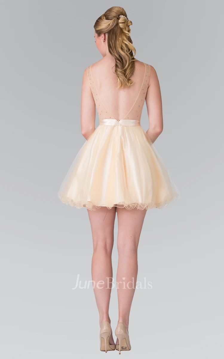 A-Line Short Scoop-Neck Sleeveless Tulle Satin Deep-V Back Dress With Bow