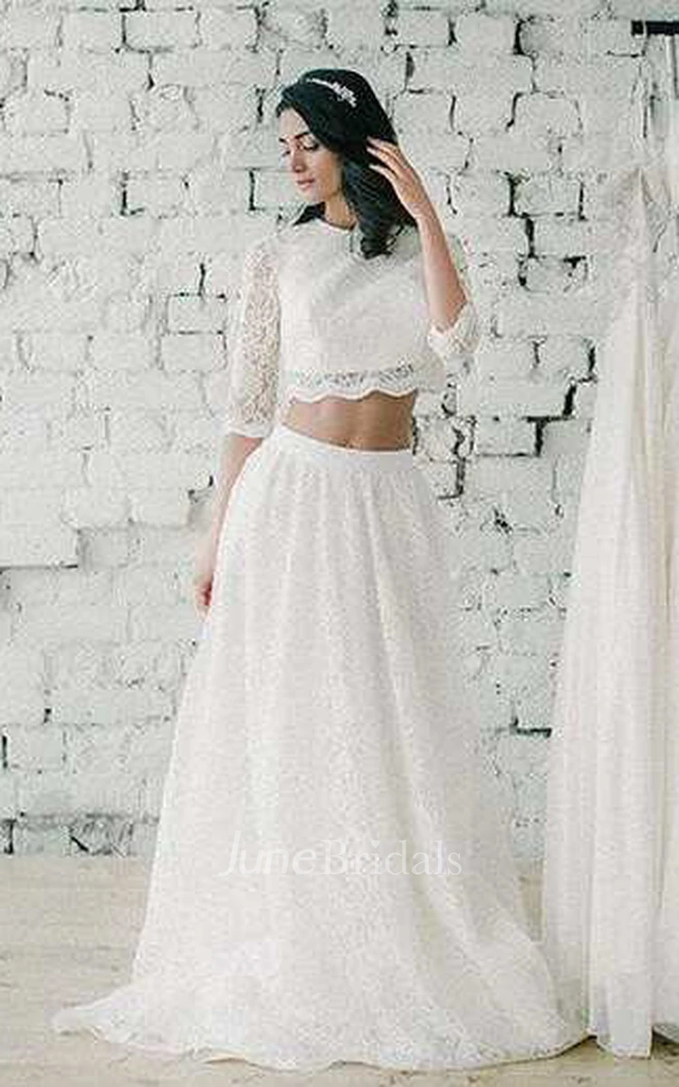 Jewel-Neck Lace 3-4-Sleeve Two-Piece A-Line Wedding Dress and Handmade Flowers Leaves Vine Rhinestones Crystal Soft Band