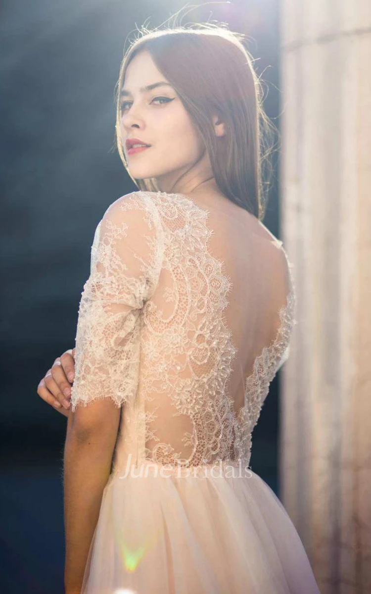 Plunged Lace Half Sleeve A-Line Tulle Wedding Dress With Deep-V Back