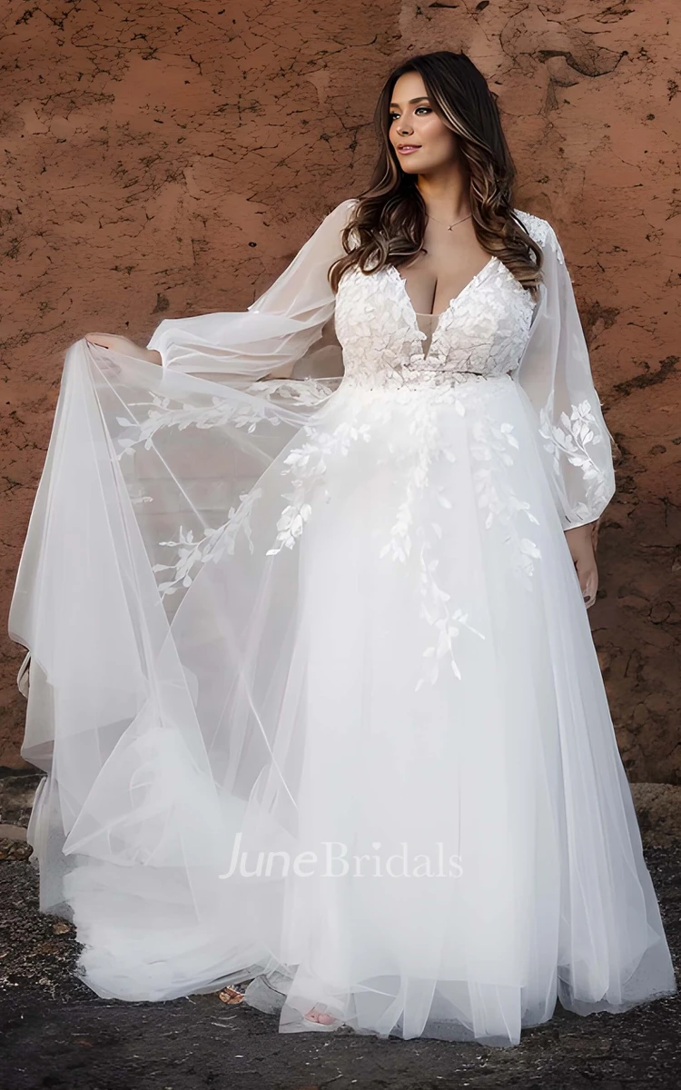 Elegant Sweep Train Plus Size Lace Wedding Dress with Deep-V Back Appliques  - June Bridals