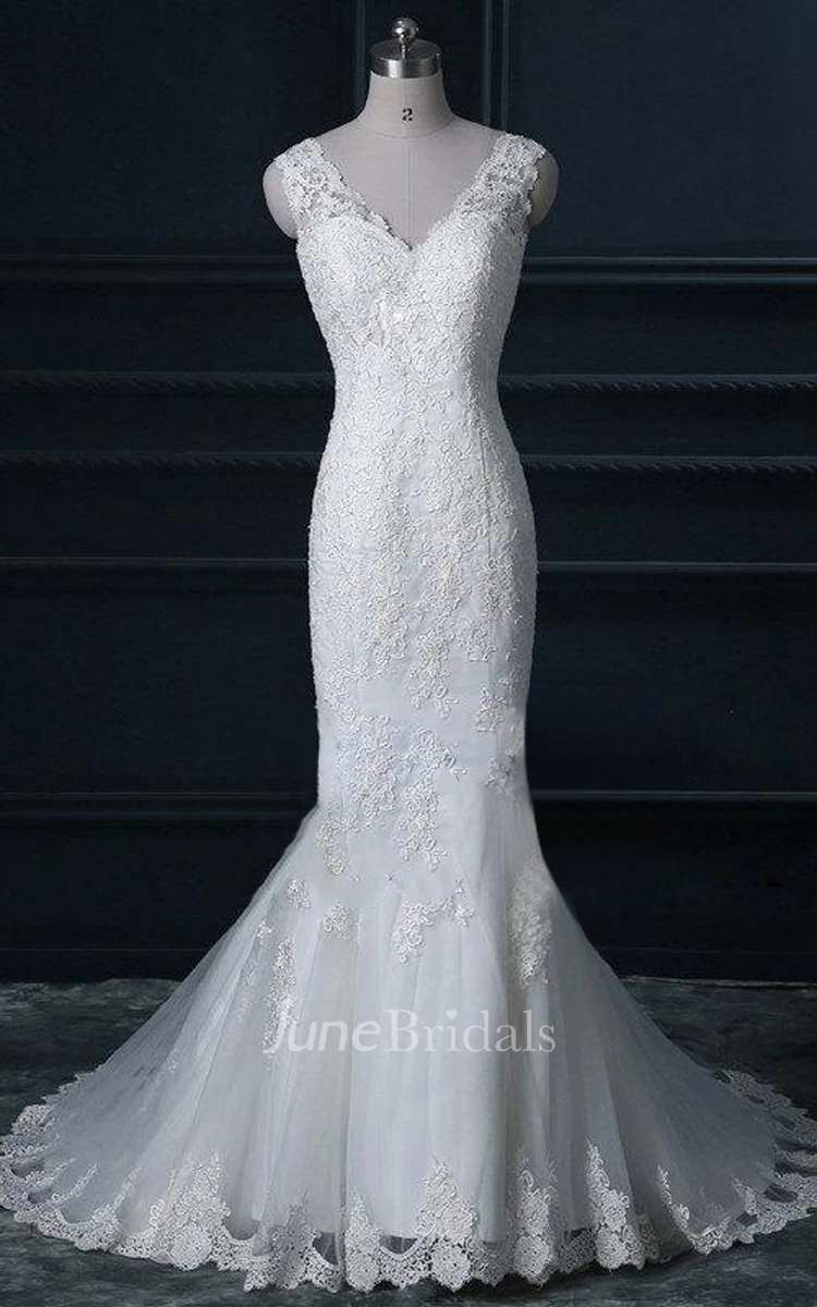 Vintage Style Lace Wedding V Neck Wedding Bridal Gown Long Train Dress